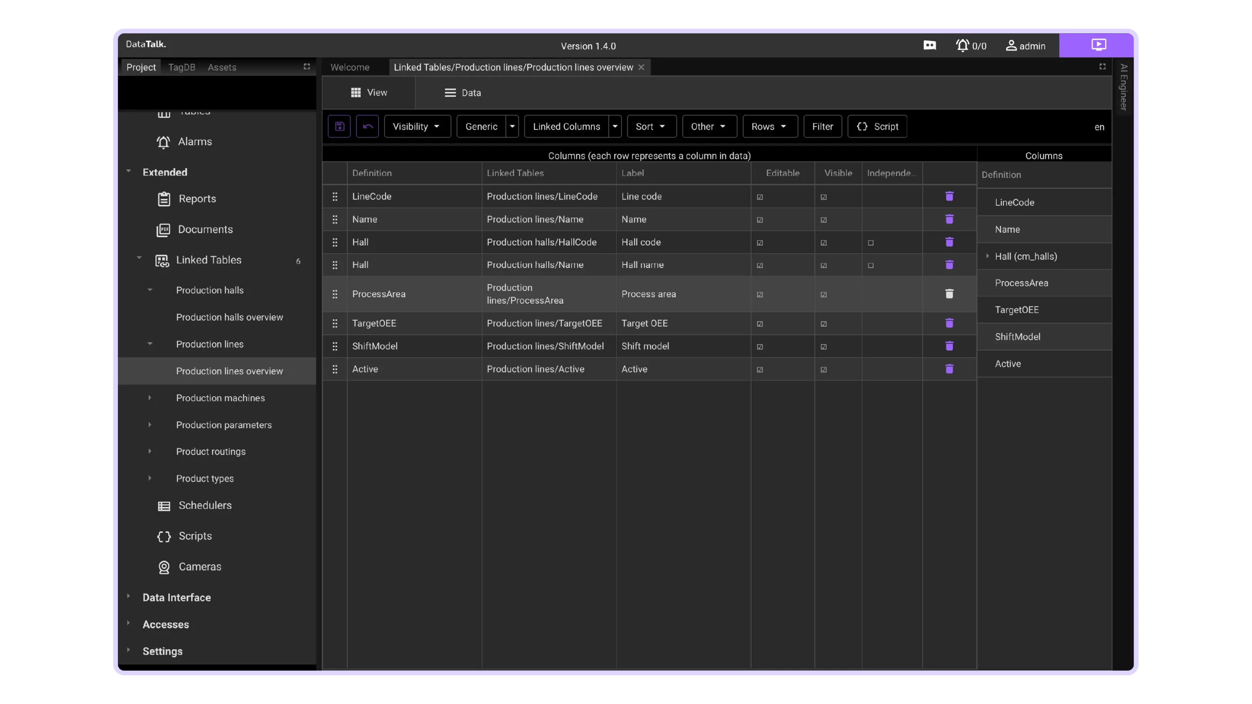 Tables of recipe parameters for consistent production settings